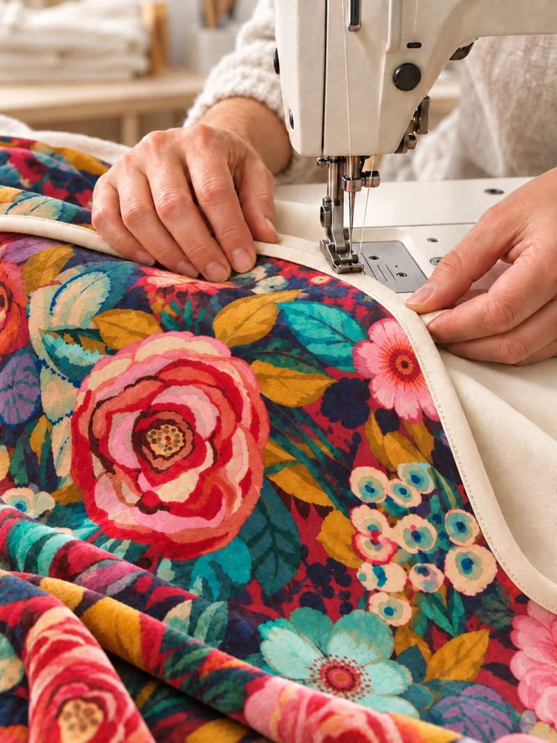 Sewing the ecru binding of the LOUISON throw, in the workshop